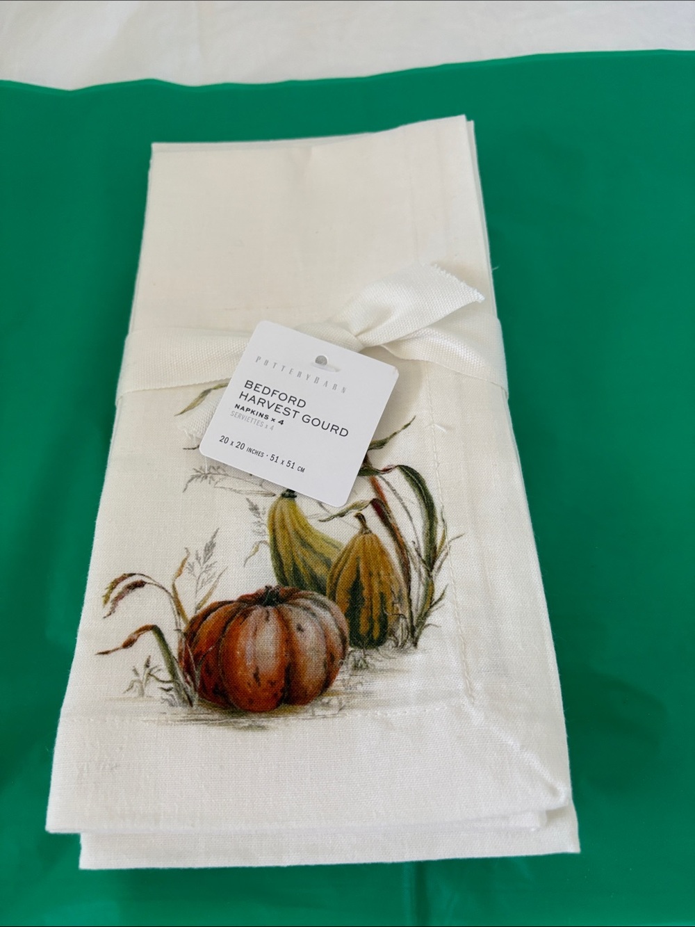 Pottery Barn White Napkins with Orange and Green Gourd Print
